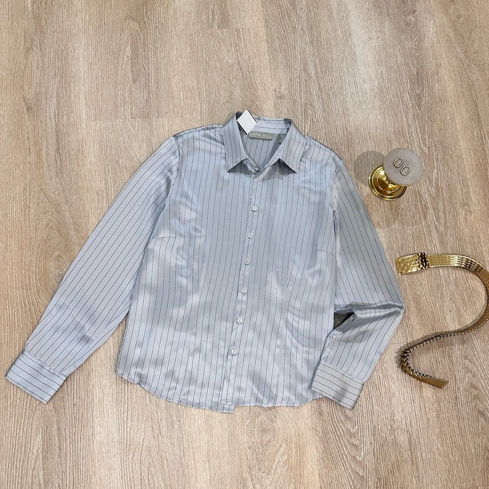 Kate Hill 100% Silk Pinstripe Blouse, Button Down Silk Shirt, Size Medium